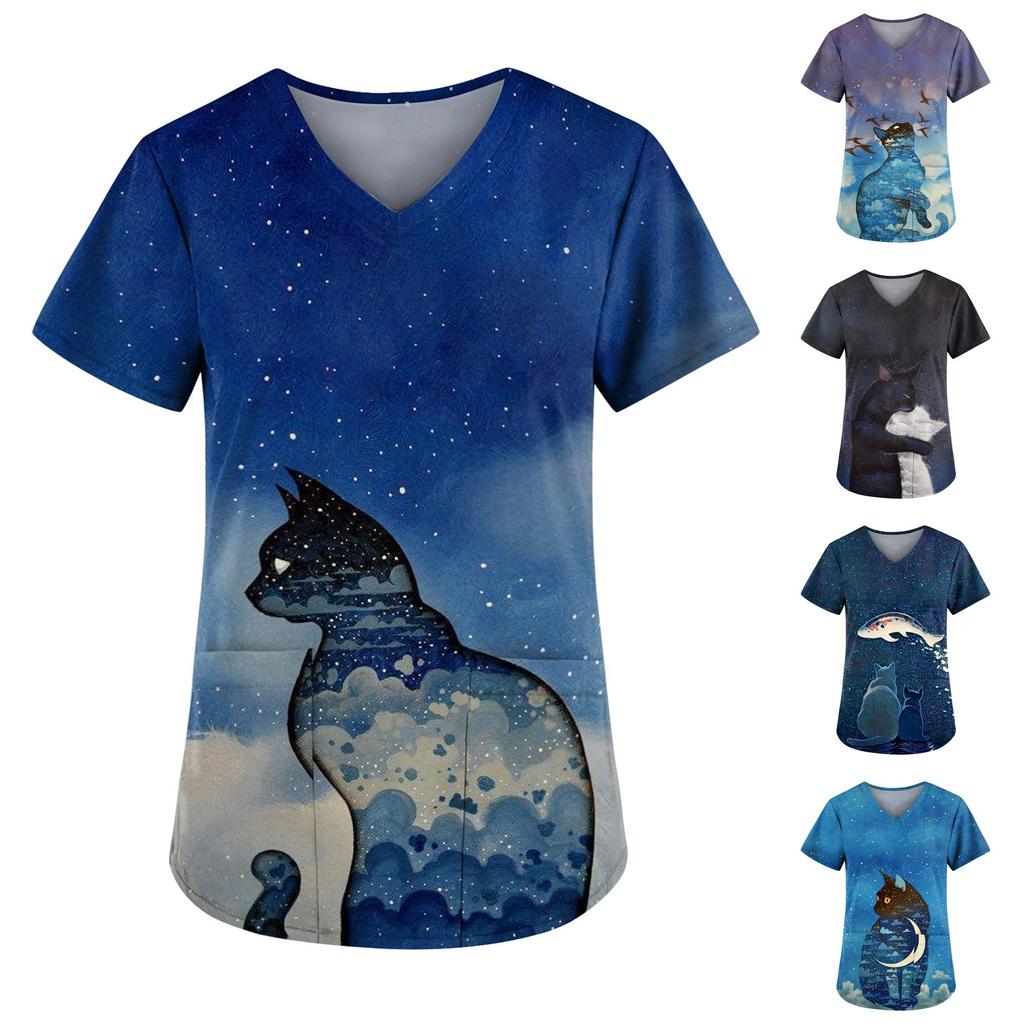 Women Printing Short Sleeve V-neck Tops Working Uniform Pocket Blouse