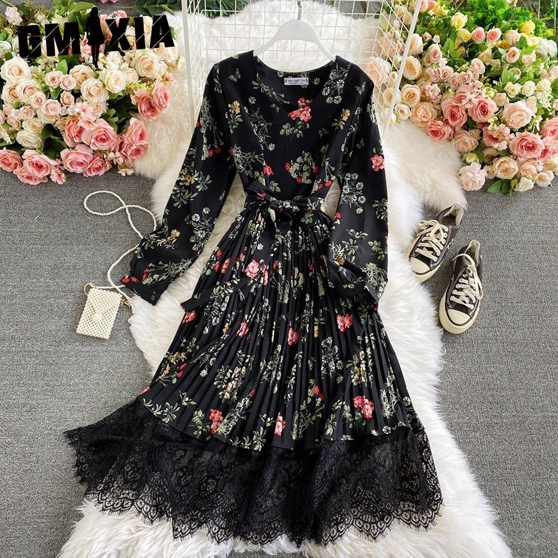 GMXIA 10 Color Retro Floral V-Neck Halter Waist Lace Dress Colored Fashion Long Dresses