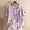 Women's Fashion Round Neck Short Sleeve T-shirt Casual Cotton Linen Graphic Shirt Chrysanthemum Prined Summer Blouse Tops Plus Size