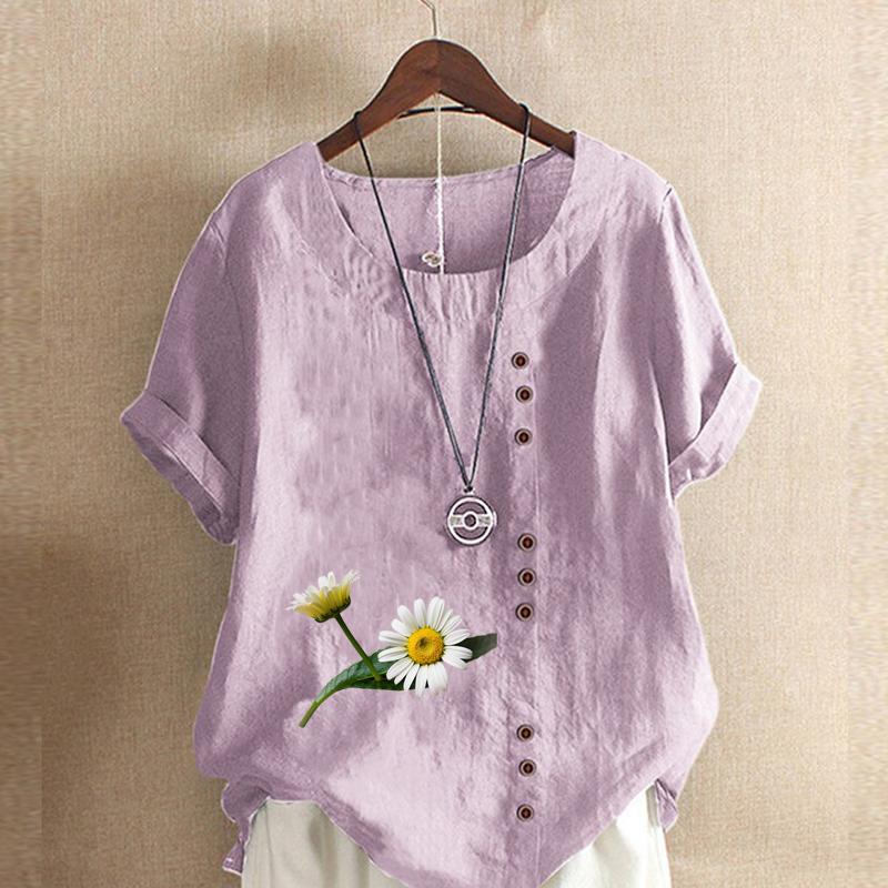 Women's Fashion Round Neck Short Sleeve T-shirt Casual Cotton Linen Graphic Shirt Chrysanthemum Prined Summer Blouse Tops Plus Size