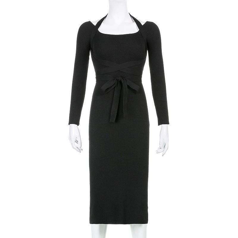 

Весенне-осеннее женское платье с кружевным дизайном, темпераментное трикотажное платье, платье средней длины с разрезом в стиле ретро M чёрный