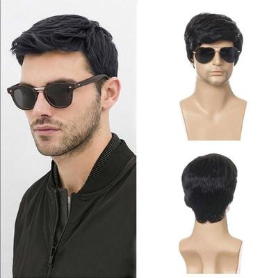 Perruque Courte Mode Homme, Cheveux Synthétiques Haute Température, Noir, Raie sur le Côté, Frange Oblique