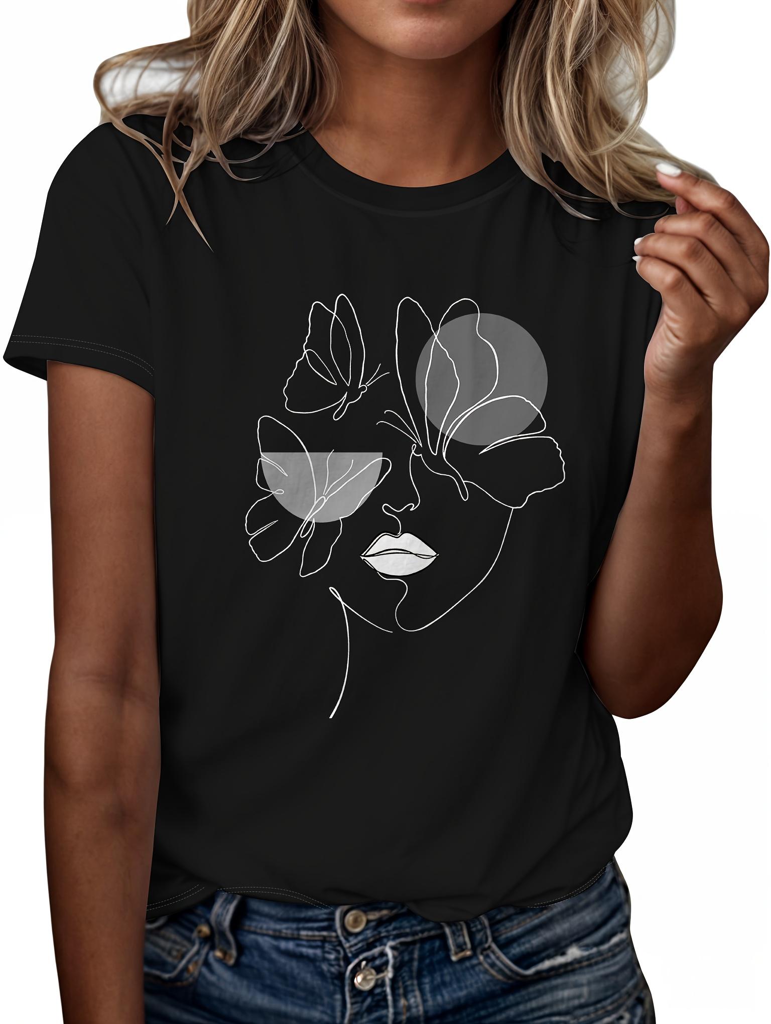 

Casual Top for Summer & Spring Women s Clothing Figure Butterfly Print T-shirt Short Sleeve Crew Neck 4XL