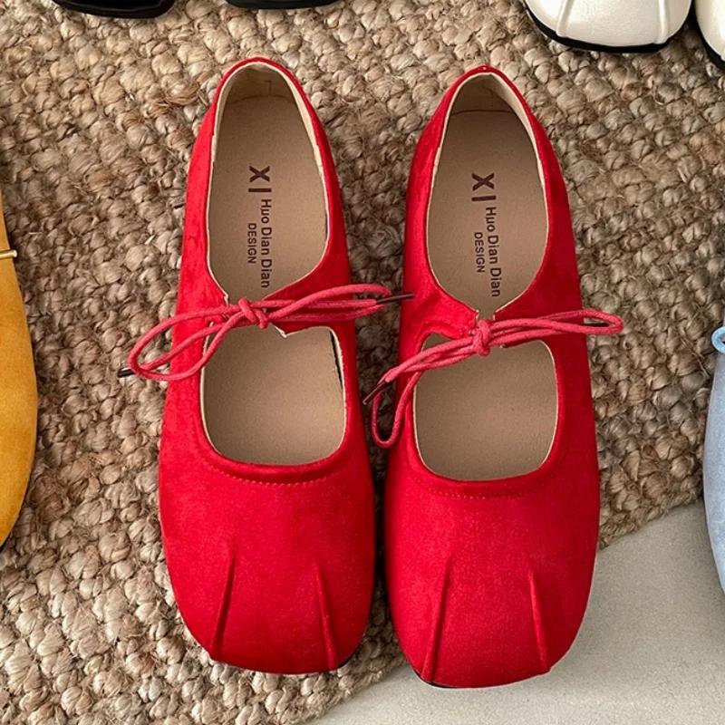 

Весна 2025 Женские балетки Туфли с мелким вырезом Туфли с бантом-бабочкой Повседневные Мягкая подошва Женская обувь Удобная кожаная женская обувь 40 красный