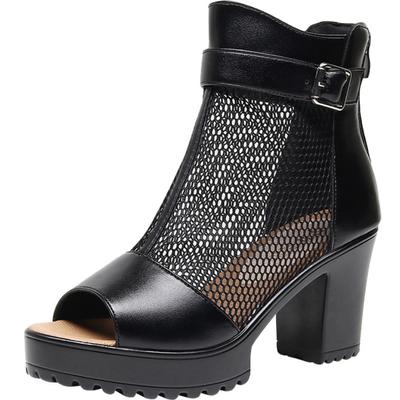 Rindsleder Mesh Fischmaul Sandalen Sommerstiefel Große Plateau High Heel Sandalen Hinten Reißverschluss Damen Schwarze Sandalen 8CM