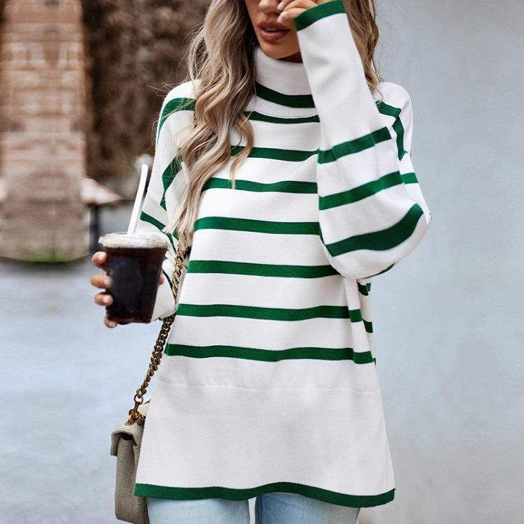 Fashion Women Casual Loose High Neck Striped Knitted Sweater Top Autumn Winter New