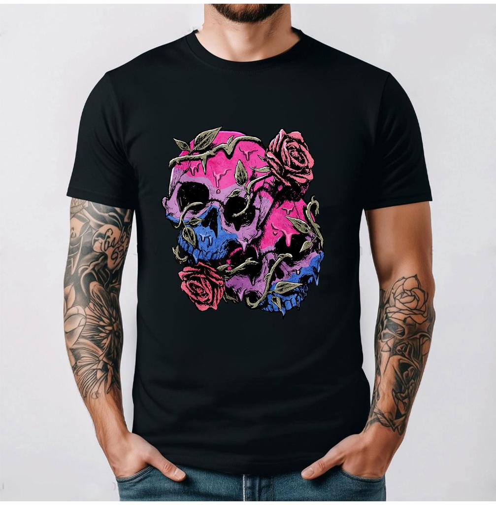 Men Women Shirt Bisexual Bi Pride Flag Gothic Skull T-Shirt Graphic T Shirts Regular Short Sleeve Cotton Breathable Summer Tees