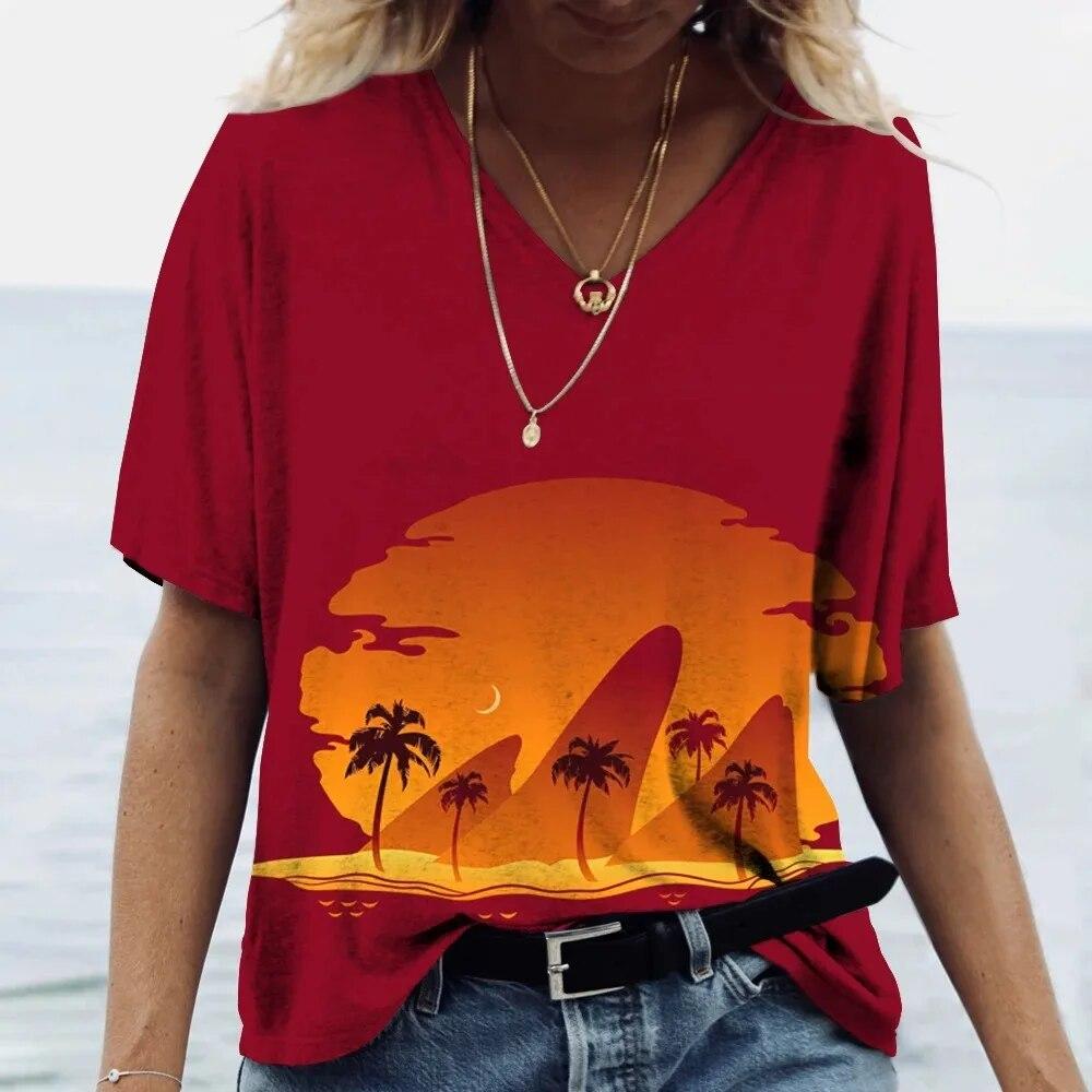 Havajské tričko Dámský top top s výstřihem do V s krátkým rukávem Kokosový potisk Tričko Dámské oversized oblečení Dovolená Dámský top