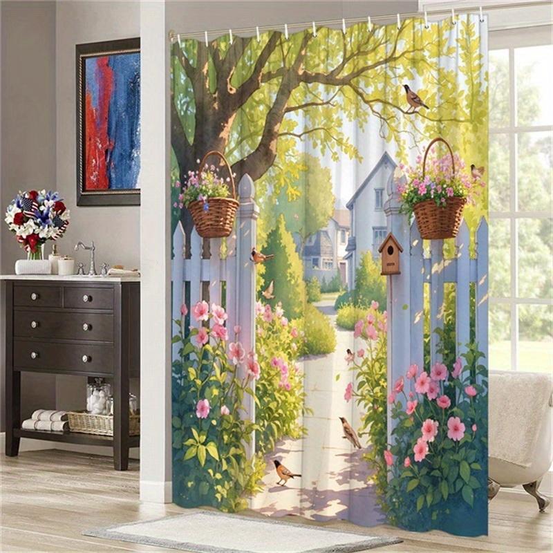 Whimsical Garden Pathway Shower Curtain - Blooming Flowers,Picket Fence, Polyester,70.8x70.8 Inches,Cottage-Style Bathroom Decor