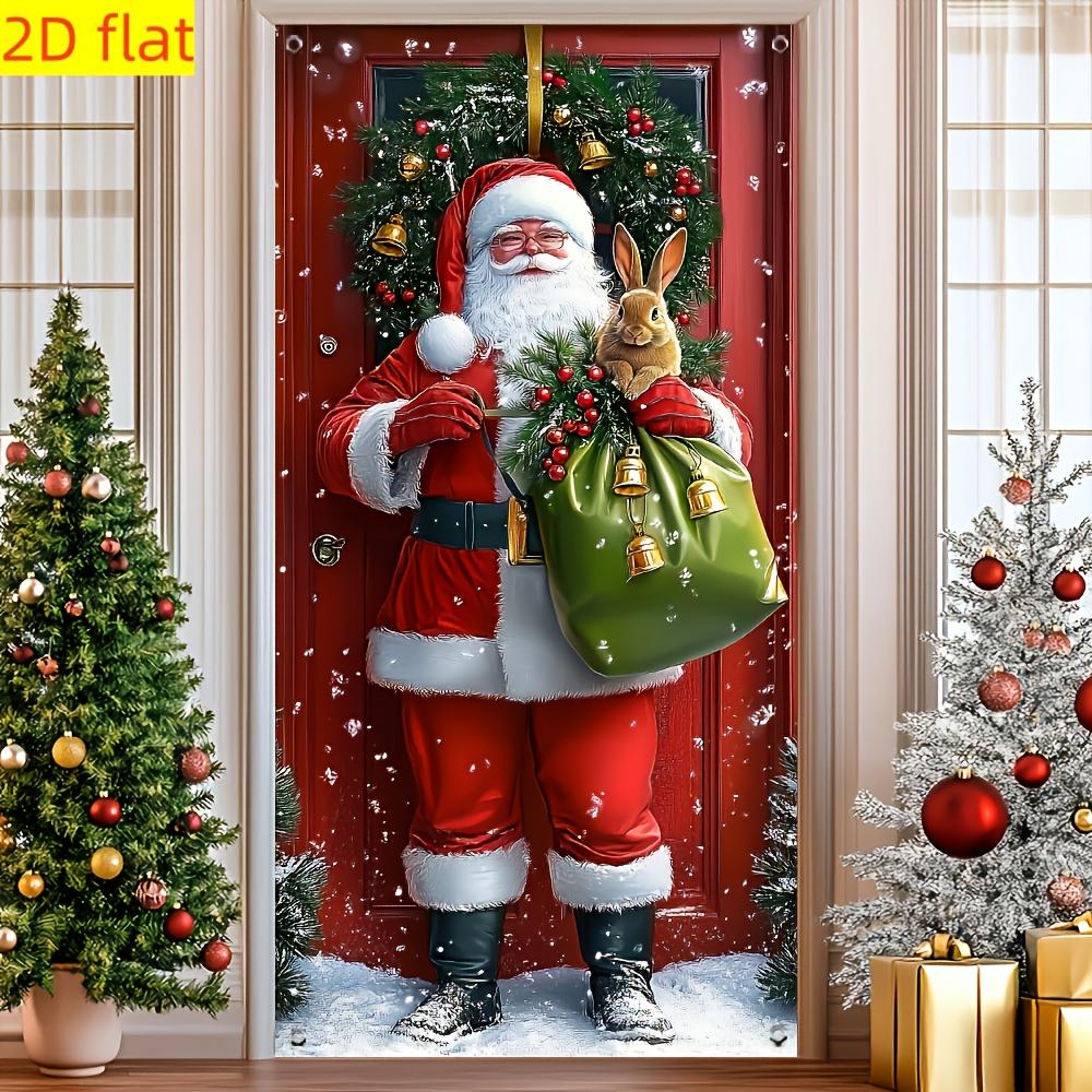 1PC Large Christmas Door Banner - Santa and Rabbit Holiday Decoration with Snow View, Extra Long 35.4x70.8 Inch Door Curtain