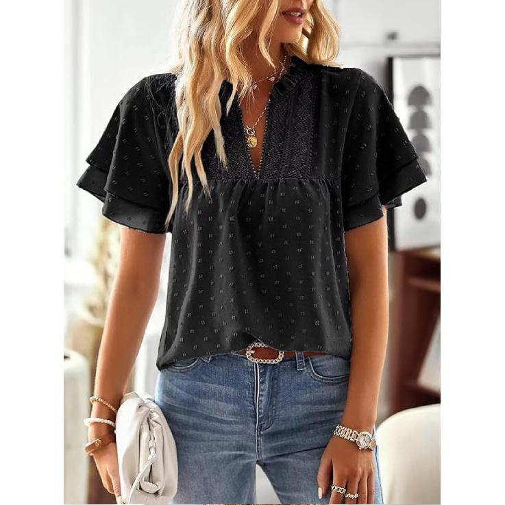 Elegant Resort-Style Deep V Lace Short-Sleeve Women's Blouse 2026 Spring/Summer