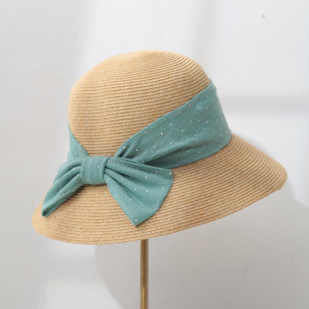 French elegant big eaves sunshade straw hat female retro seaside vacation showing face small foldable bow bucket hat