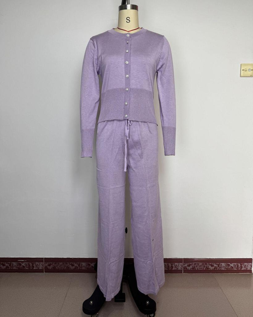 Women's Summer Fashion Knit Cardigan and Pants Set – Button Front, Long Sleeve, Round Neck