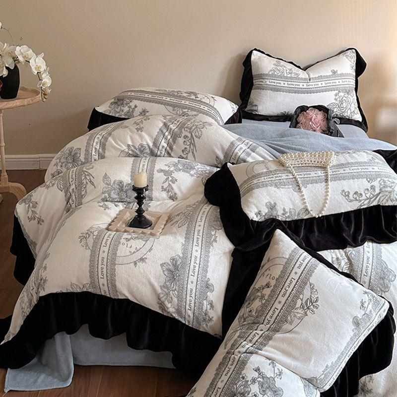 G5Z Melkfluweel & Kant Beddengoed Set: Verdikte Vierdelige Flanel & Koraalvlies, Dubbelzijdig met Dekbedovertrek.