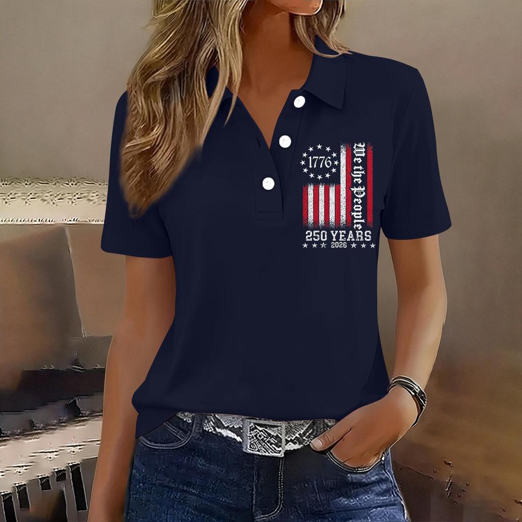 Damen Casual Knopf Kurzarm Poloshirt 250. Jubiläum Aufdruck Oberteil Unabhängigkeitstag Stil Leichtes Weiches Gewebe