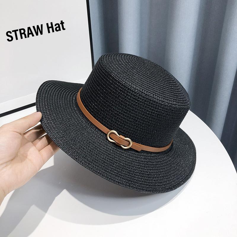 British style flat top straw hat women's summer straw shading hat belt buckle holiday beach sun hat