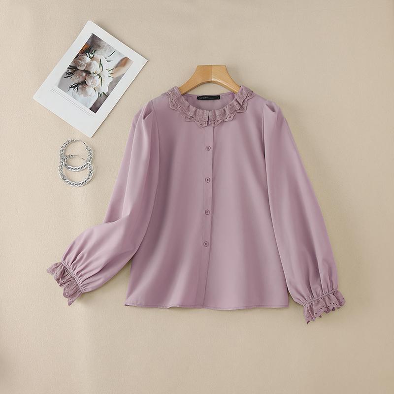 

ZANZEA Women Lace Splice Round Neck Long Sleeve Casual Blouse 4XL