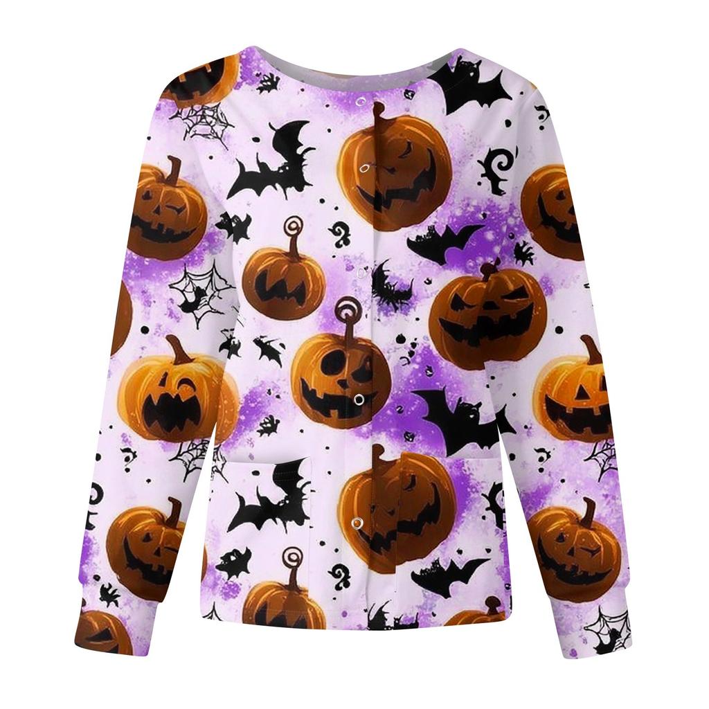 Women's Casual Fashion Long Sleeve Standing Collar Single Breasted Halloween Printed Workwear Jacket Tops