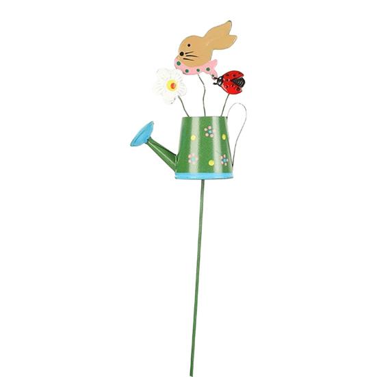 Metal Garden Stake Watering Pot Shape Bee Butterfly Cow Bunny Flowers