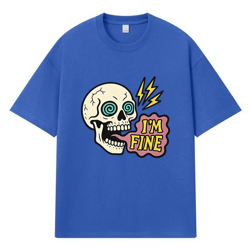 2026 Skull I'm Fine Printed Graphic Y2k Harajuku Streetwear 100% Cotton T Shirt Casual Oversized Summer Men T-shirt