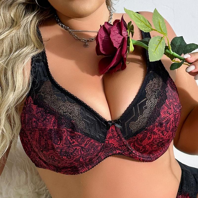 Women Plus Size Floral Print Bra With Wired Sexy Lace Breathable Underwear Full Cup 85C-110D