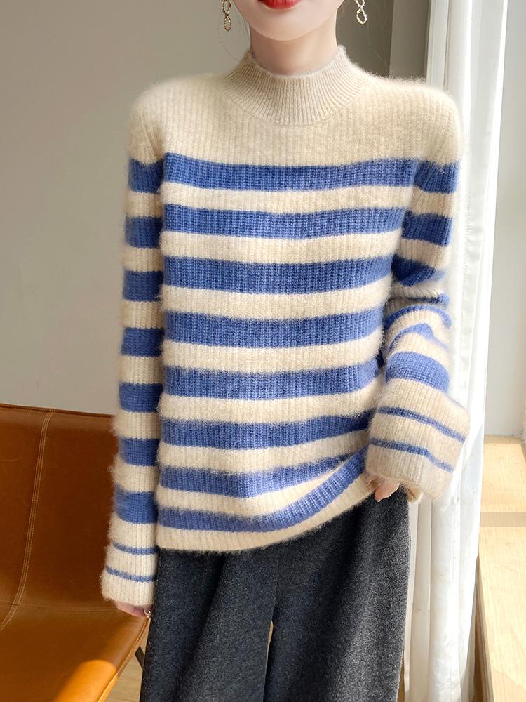 100% Wool Striped Sweater: Thick, Warm, Versatile Knitwear for Autumn/Winter