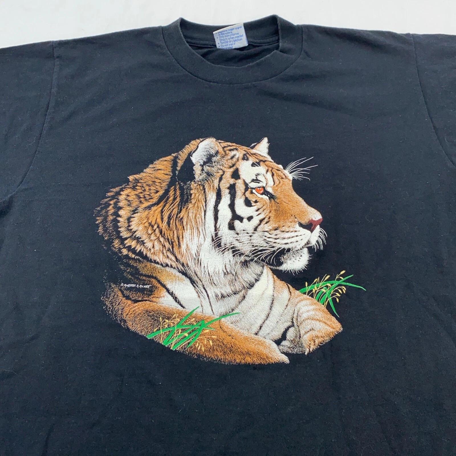 vintage 90s BENGAL TIGER NATURE ART T-Shirt LARGEwild cat animal 3XL