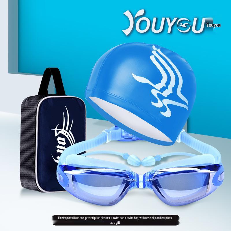 Youyou Anti-Fog HD Waterproof Swimming Goggles & Cap Set for Men and Women - Fashionable Adult Eye Protection.