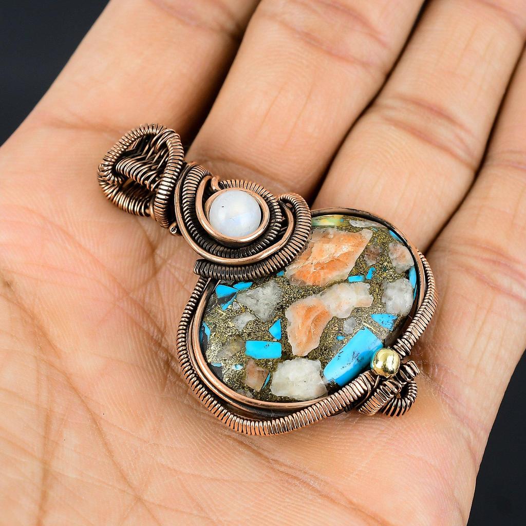 Multi Copper Spiny Oyster Pendant, Handmade Gemstone 999 Copper Wire Wrapped Pendant Antique Jewelry, For Gift Silver Jewelry