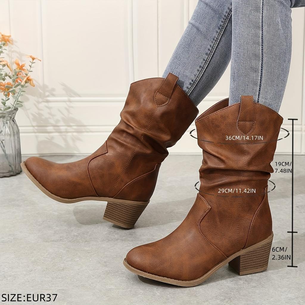 Damen Slouch Westernstiefel, Retro Einfarbig V-Ausschnitt Klobige Absätze Schuhe, Lässige Schlupf-Kurzstiefel
