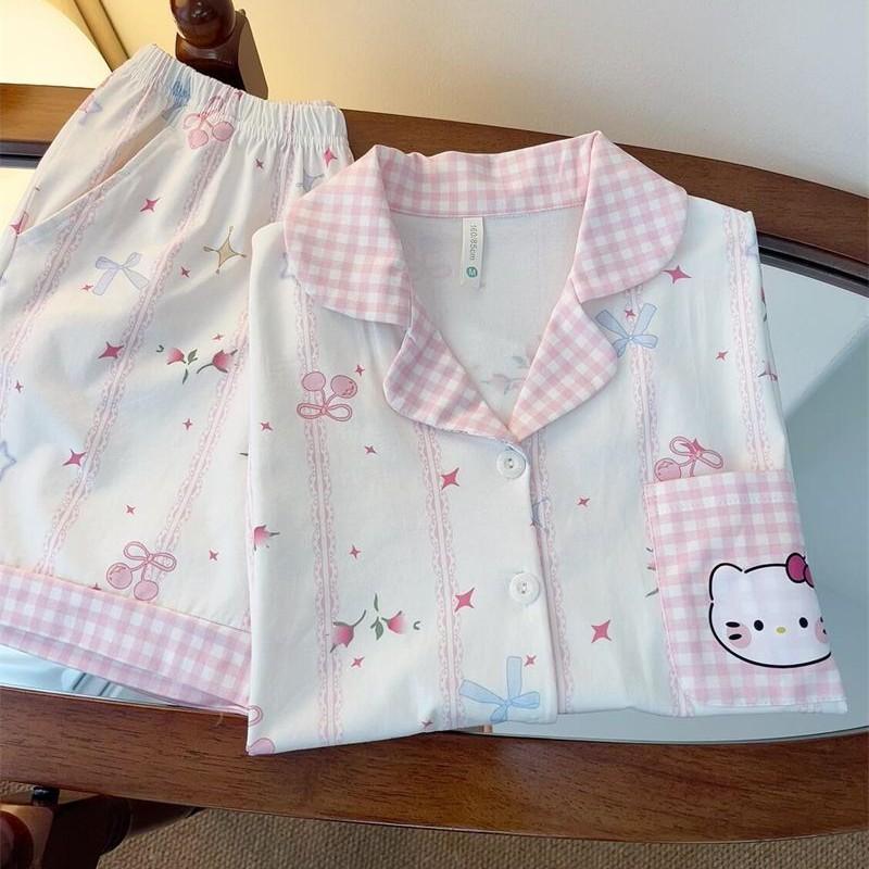 

Японские милые и очаровательные розовые клетчатые пижамы Hello Kitty женские ins летние новые домашние костюмы можно носить вне дома S
