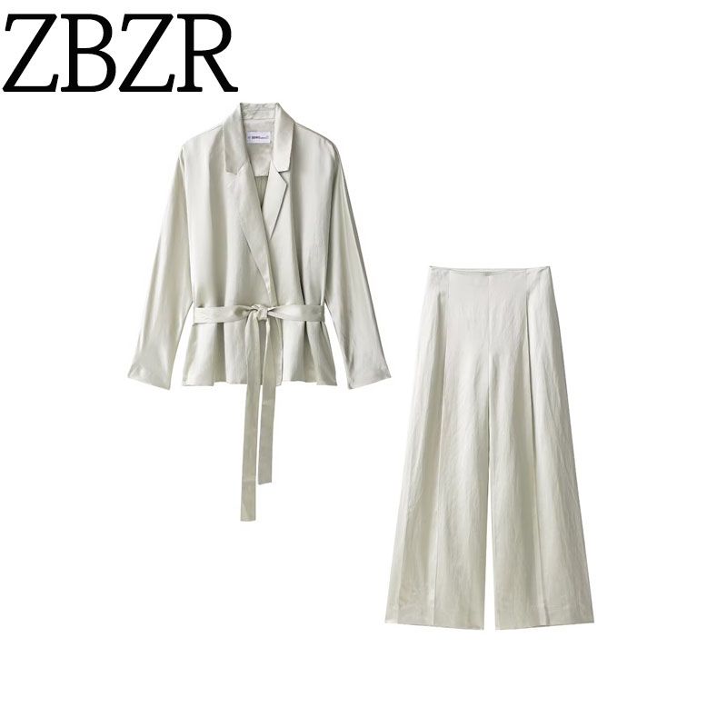 Zbzr Autumn New Women Clothes Fashion Silk Satin Texture Blazers Pleated Pants 8408676 8356676