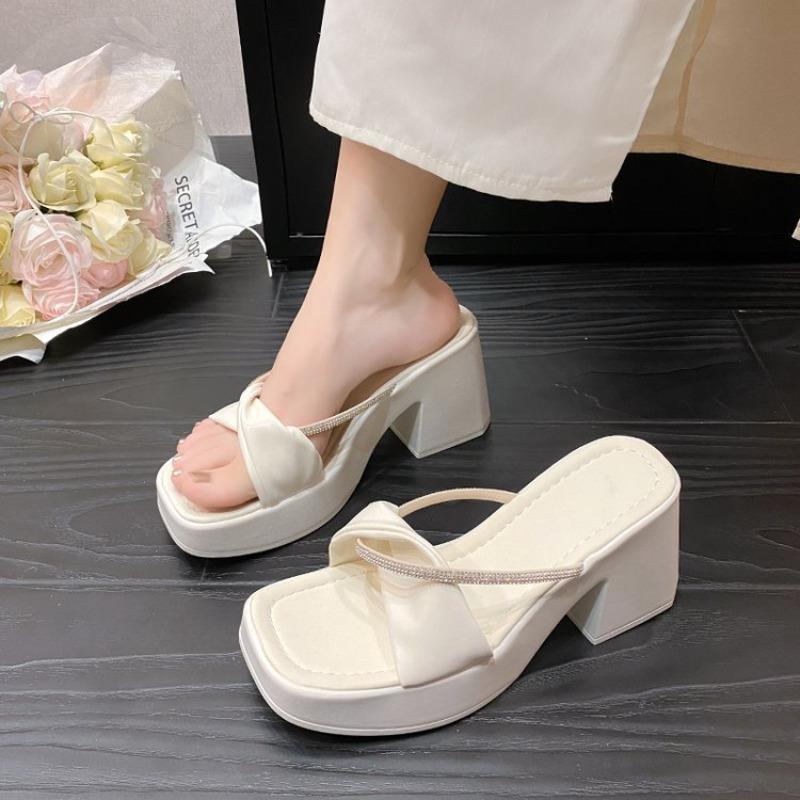 Thick Heel Square Head One-pedal Sandals Summer New One-word with Fine Diamond Beach Shoes Women's High-heeled Slippers