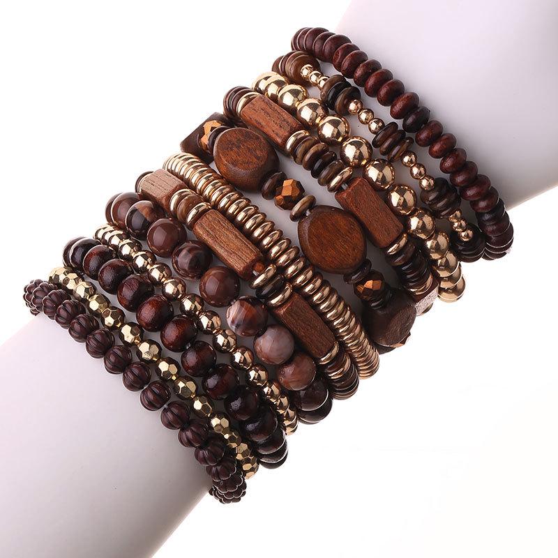 Ensemble de 12 Bracelets Empilables Rétro Marron et Doré à Motifs Bois Multi-Anneaux - Accessoires de Mode Mori-kei