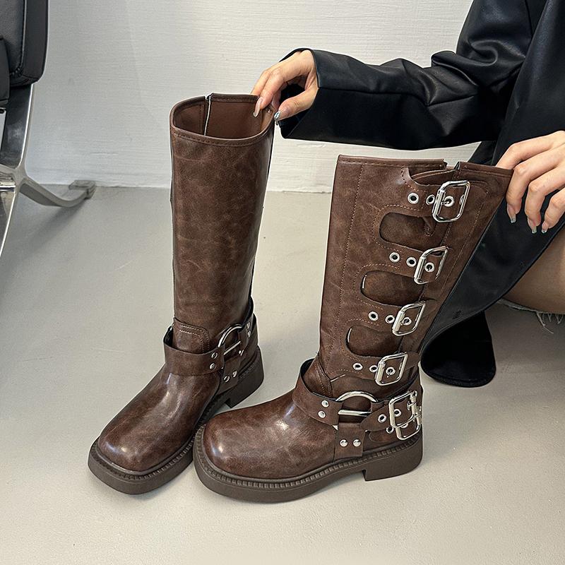 Thigh Boots Autumn New Round Toe Metal Buckle Platform Sleeve Platform Heightened Retro Tall Knight Boots