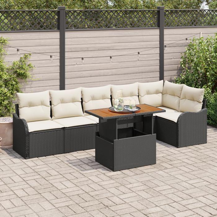Canapés de jardin 7 pièces avec coussins noir poly rattan acacia 3349466