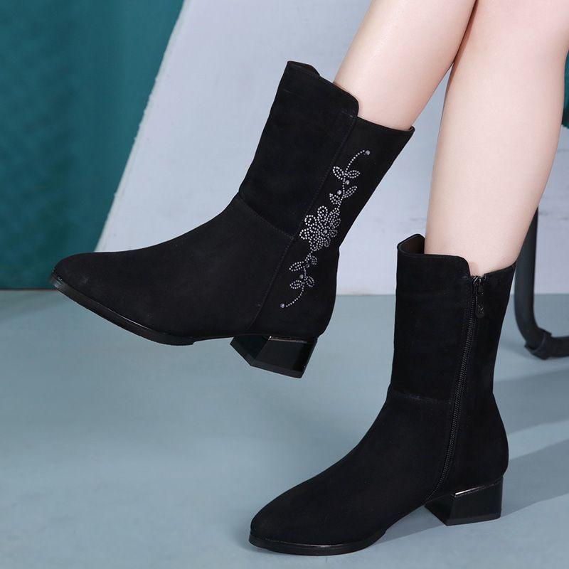 Fashion Middle Heel Fleece-Lined Half High Boots for Women Winter Rhinestone Mid Calf Shoes Woman 2025 Novelty Y2k Cosplay New Rock Boot
