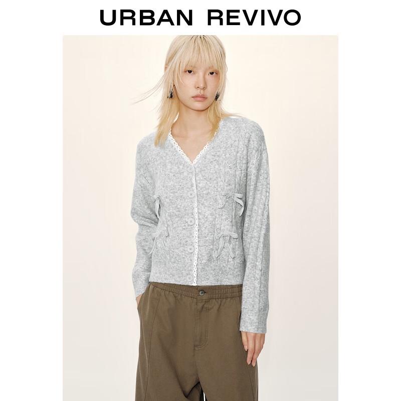 

UR 2025 Зимний вязаный кардиган с кружевной вставкой и бантом XL