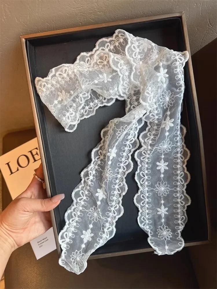 Vintage White Lace Hair Scarf Summer Sweet Bow Headband Elegant Ribbon Scarfs for Women Hairbands 130cm Long Narrow Neckscarf