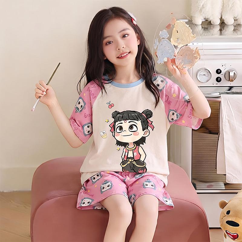 Girls' Summer Pajama Set 2026: Cartoon Short Sleeve Top & Shorts for Kids