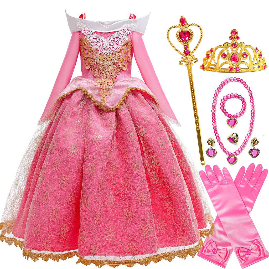 Dornröschen Aurora Prinzessinnenkleid Mädchen Cosplay Schulterfrei Kinder Geschenke Schickes Party Mädchen Baby Feines Spitzenkleid Set
