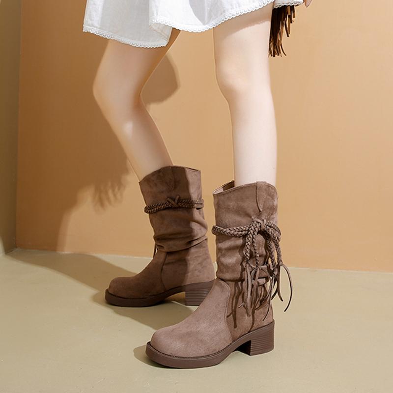 Retro Tassel Suede Long Western Cowboy Boots Women 2025 Winter Thick Heel Knee High Boots Sexy Khaki Medium Heel Shoes Plus Size