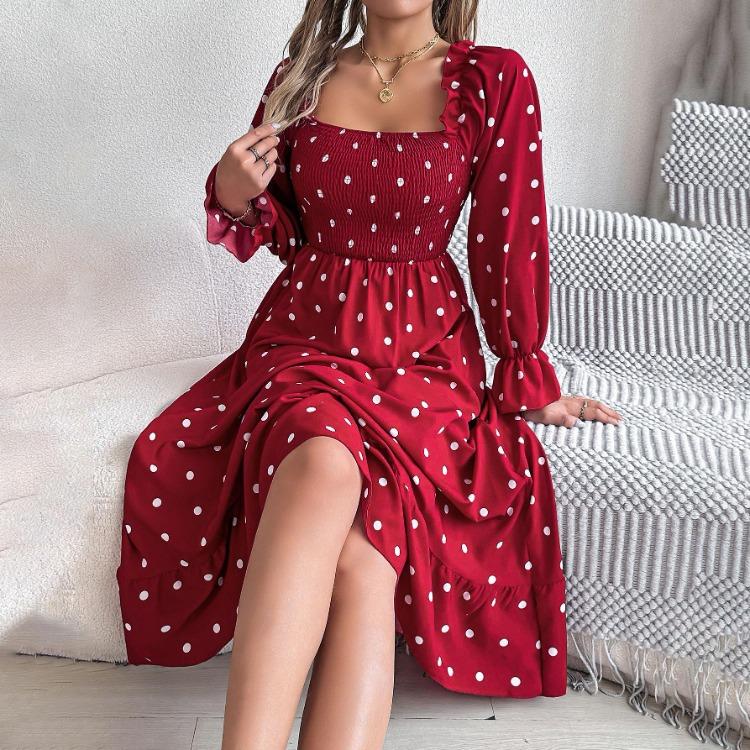 Elegant Women Solid High Waist Pleated Dress Long Sleeve Dot Lace Up Autumn Winter