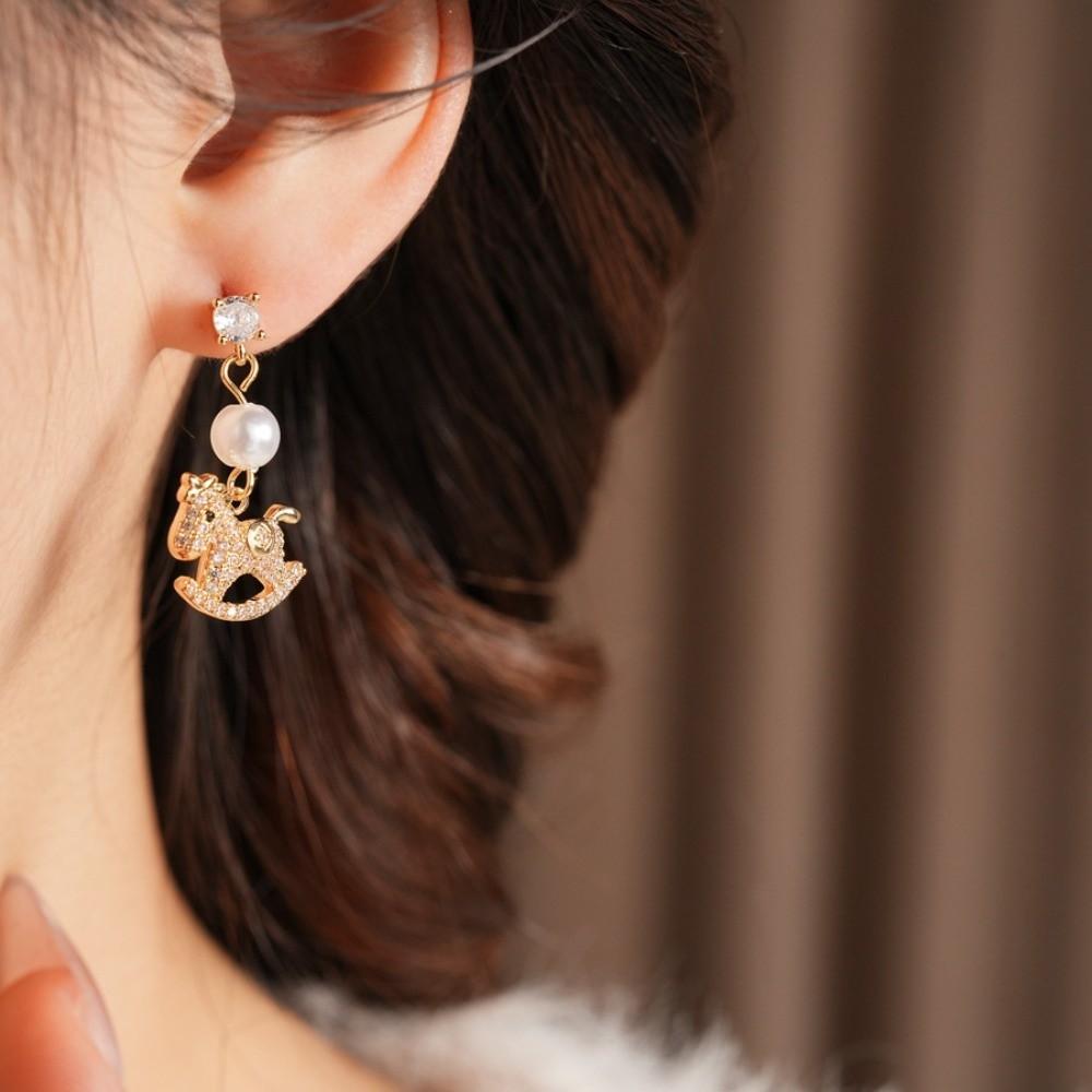 Pearl Gold Pony Earrings Zircon Horse Mascot Drop Earrings  Year of Horse Gift