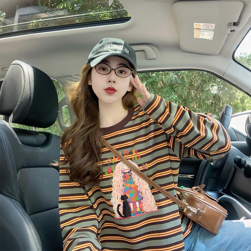 

Korean Style Color Block Striped Long Sleeve T-Shirt - Spring & Autumn Trendy Graffiti Loose Fit for Women M (Recommended for under 110 lbs)