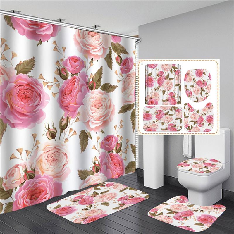 Pink Flowers Rose Elegant Printed Shower Curtain Set Waterproof Women Bathing Bathroom Pedestal Rug Lid Carpet Cortina Ducha