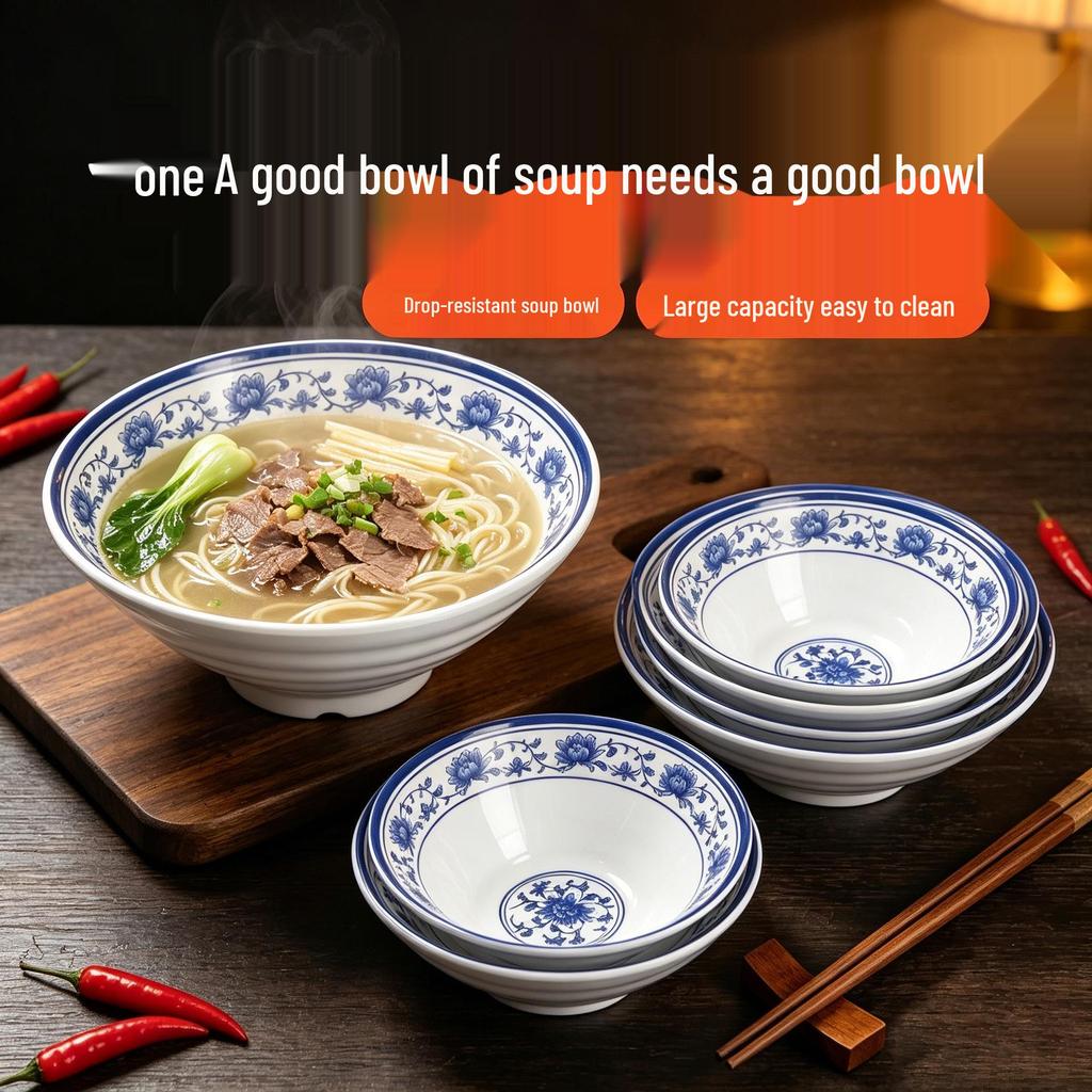 Blue and White Melamine Porcelain Bowl - Retro Restaurant Style for Noodles, Soup, or Ramen