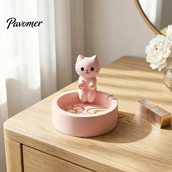 Jewelry Display Plate Cute Cat Storage Tray, with Deep Slot, Pink Matte Organizer Resin Decorative Ornament, for Dressing Table And Keys Earring