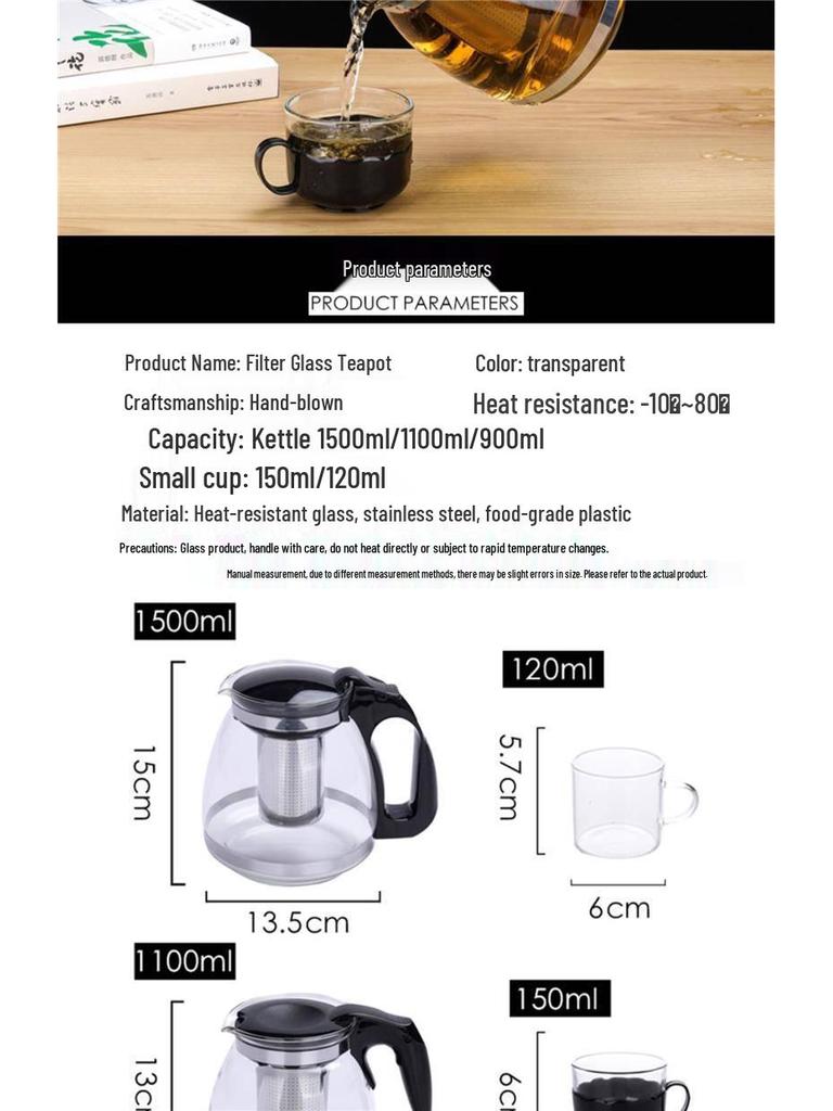 High-Temperature Resistant Tea Kettle with Thickened Glass, Stainless Steel Filter, and Large Capacity