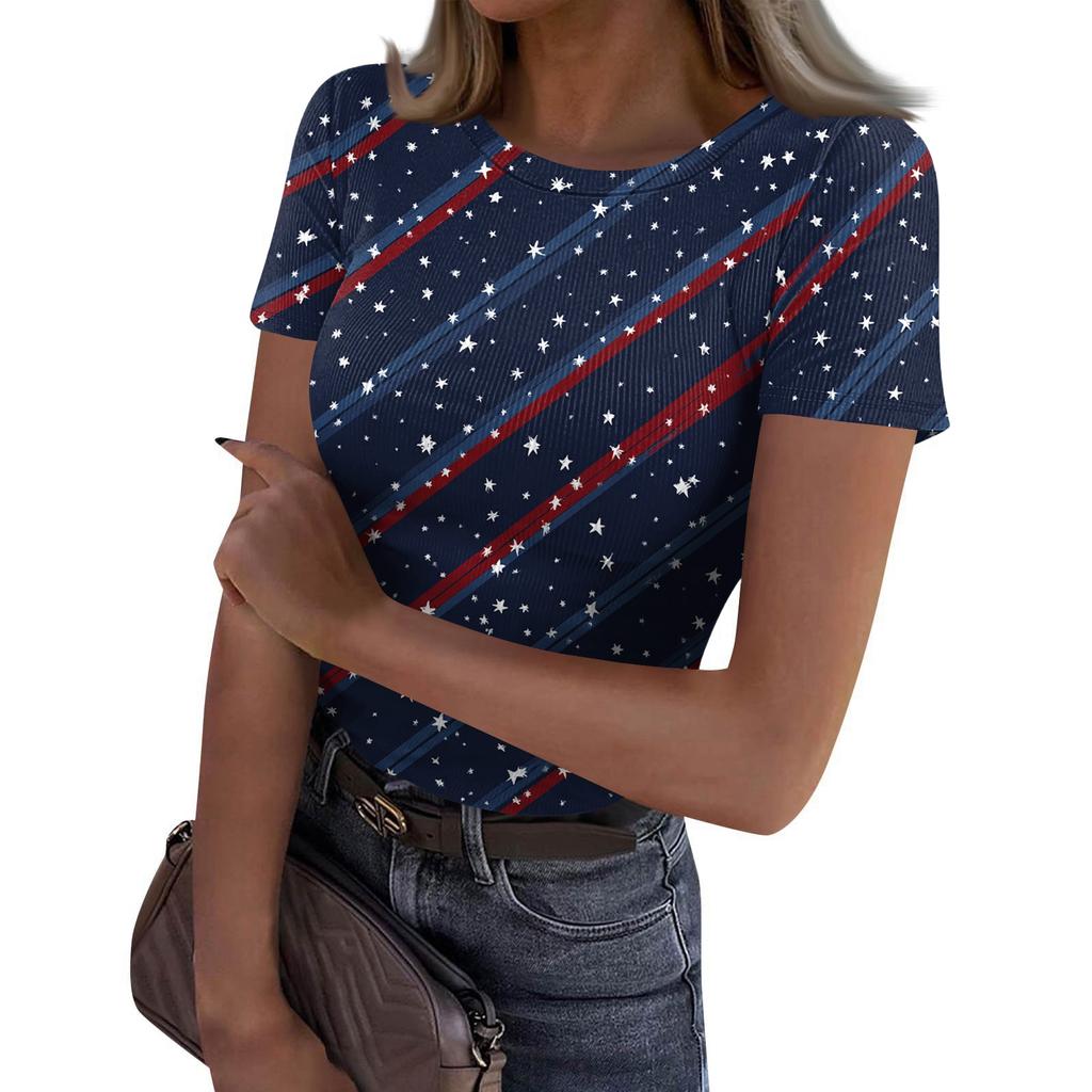 Women's Casual Fashion Round Neck Independence Day Print Short-Sleeve Ribbed Top